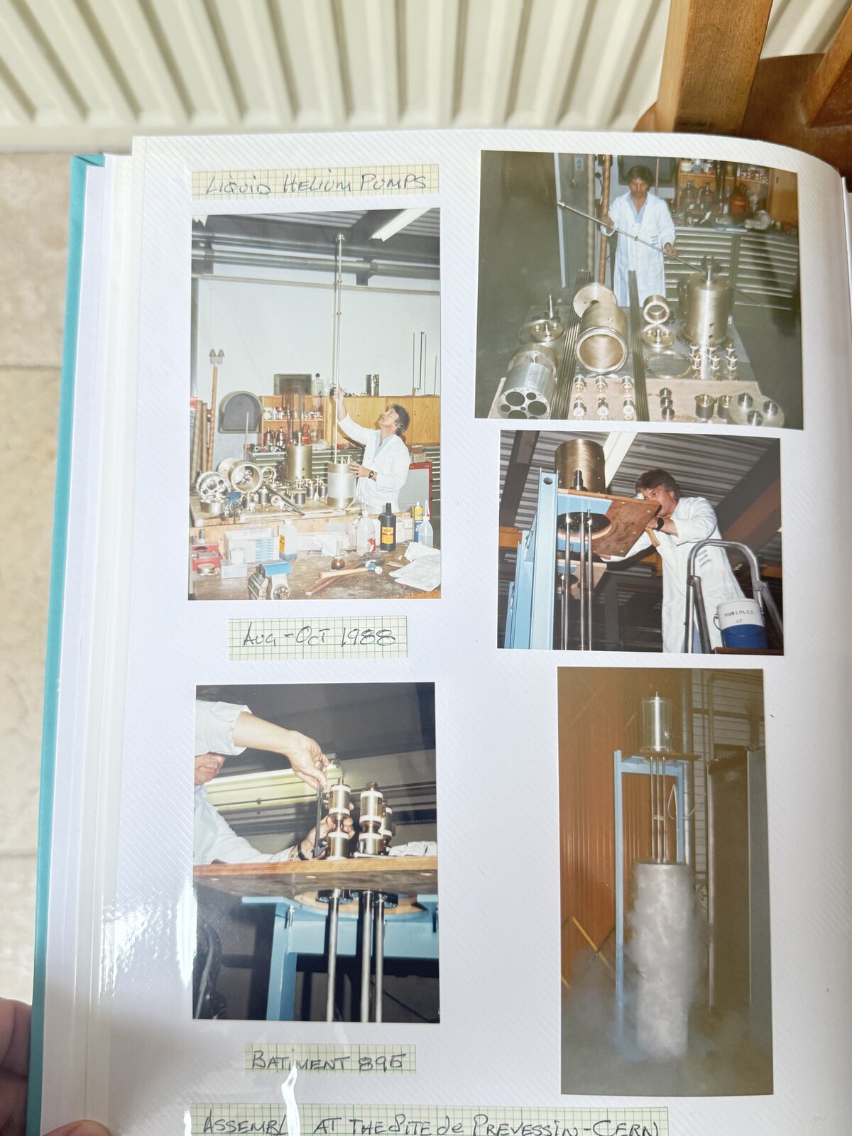 Album page: liquid helium pumps assembled at CERN, 1988