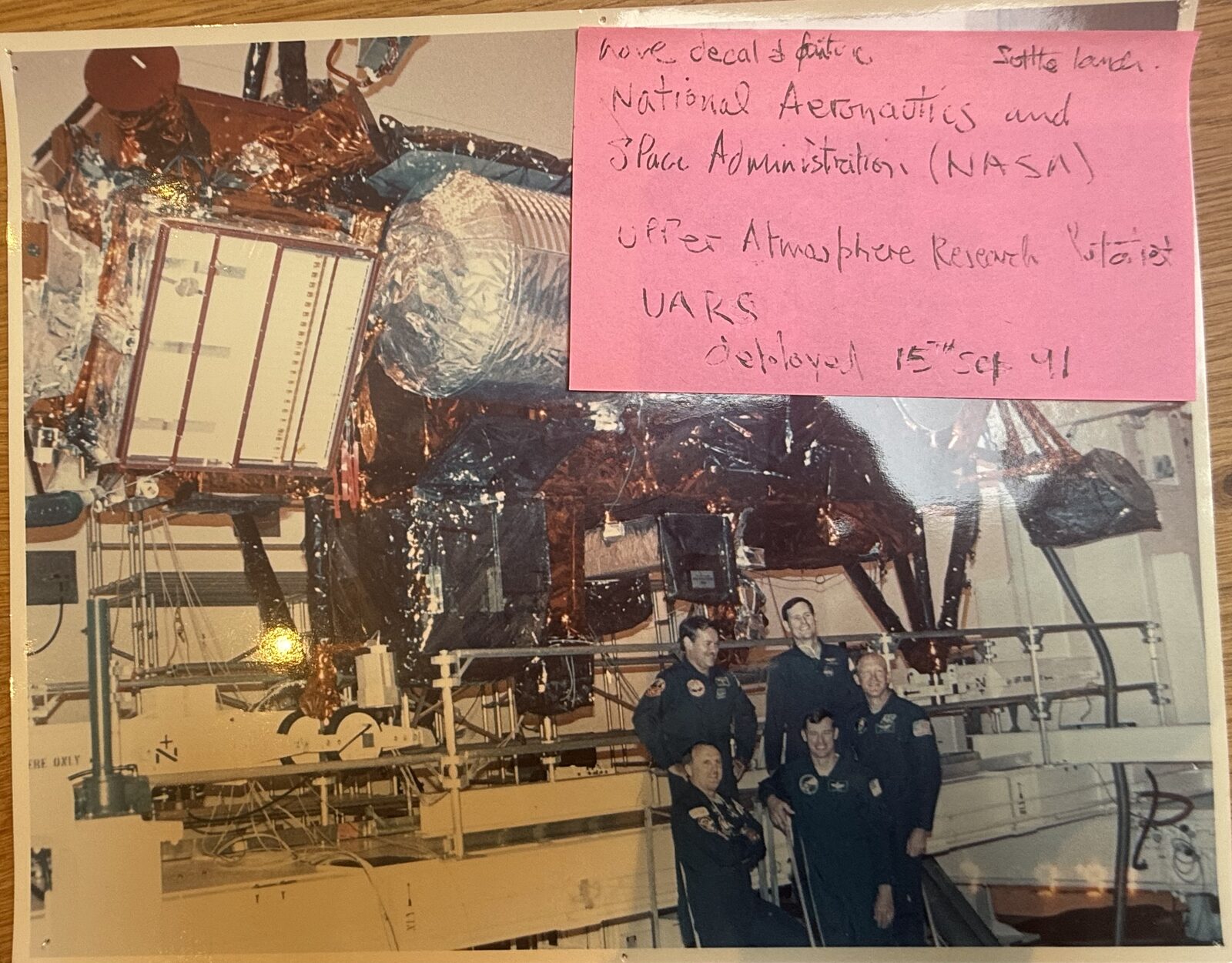 The UARS satellite during integration, annotated in Brian's hand